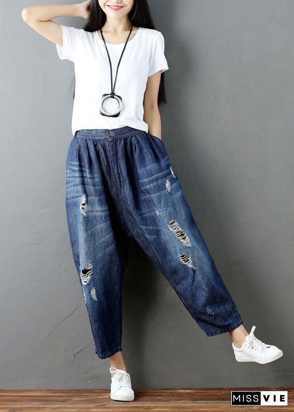 Fashion Blue Pockets Elastic Waist Denim Harem Pants Summer