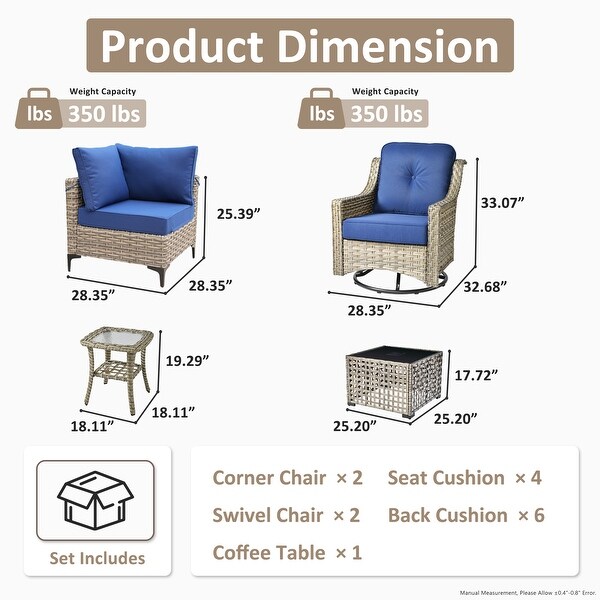 OVIOS 6 Pieces Outdoor Wicker Swivel Chair Set With SolarPowered Coffee Table