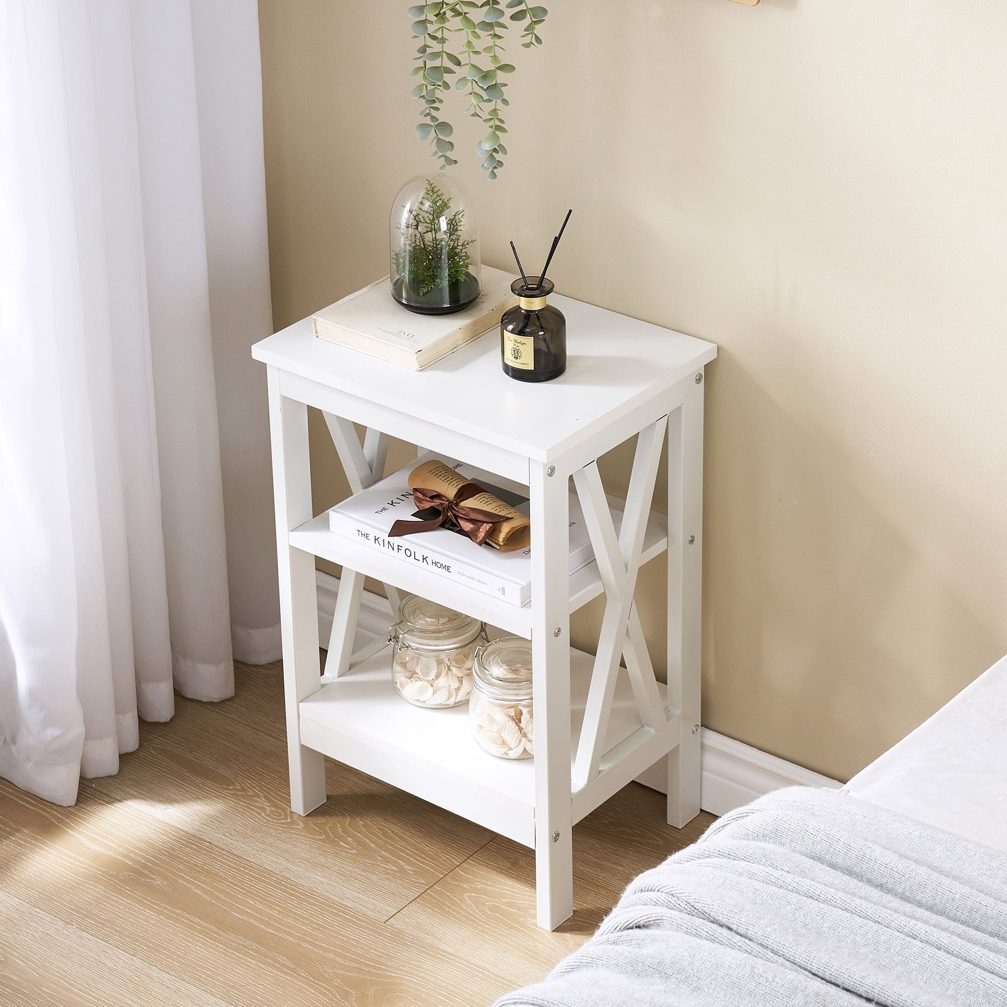 VECELO Modern White End Table with 3-tier Open Shelves - 15.7