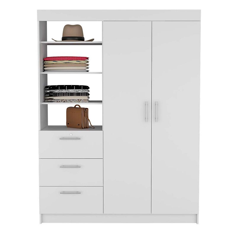 DEPOT E-SHOP Laurel 3-Tier Shelf and Drawers Armoire with Metal Handles， White