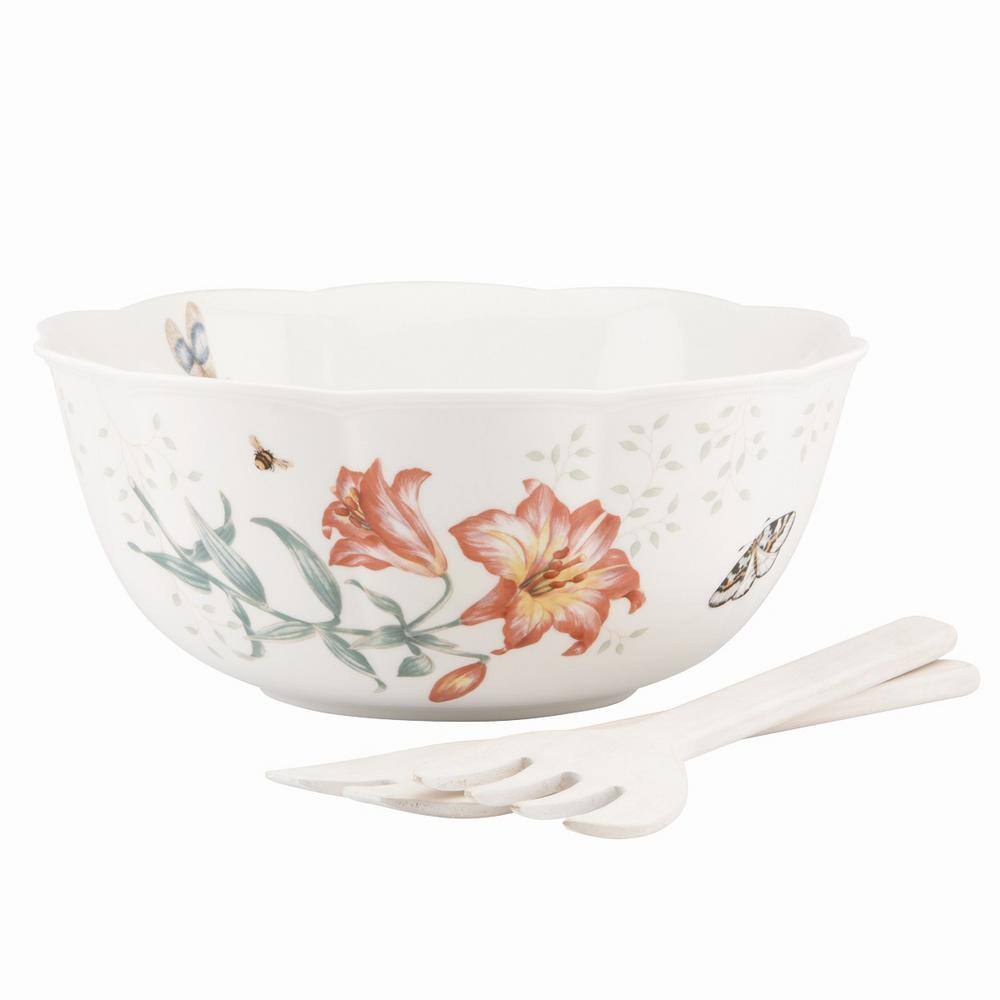 Lenox Butterfly Meadow 11 in. Dia 72 oz. Multi Color 3-Piece Porcelain Salad Bowl Set with Wood Servers 820581