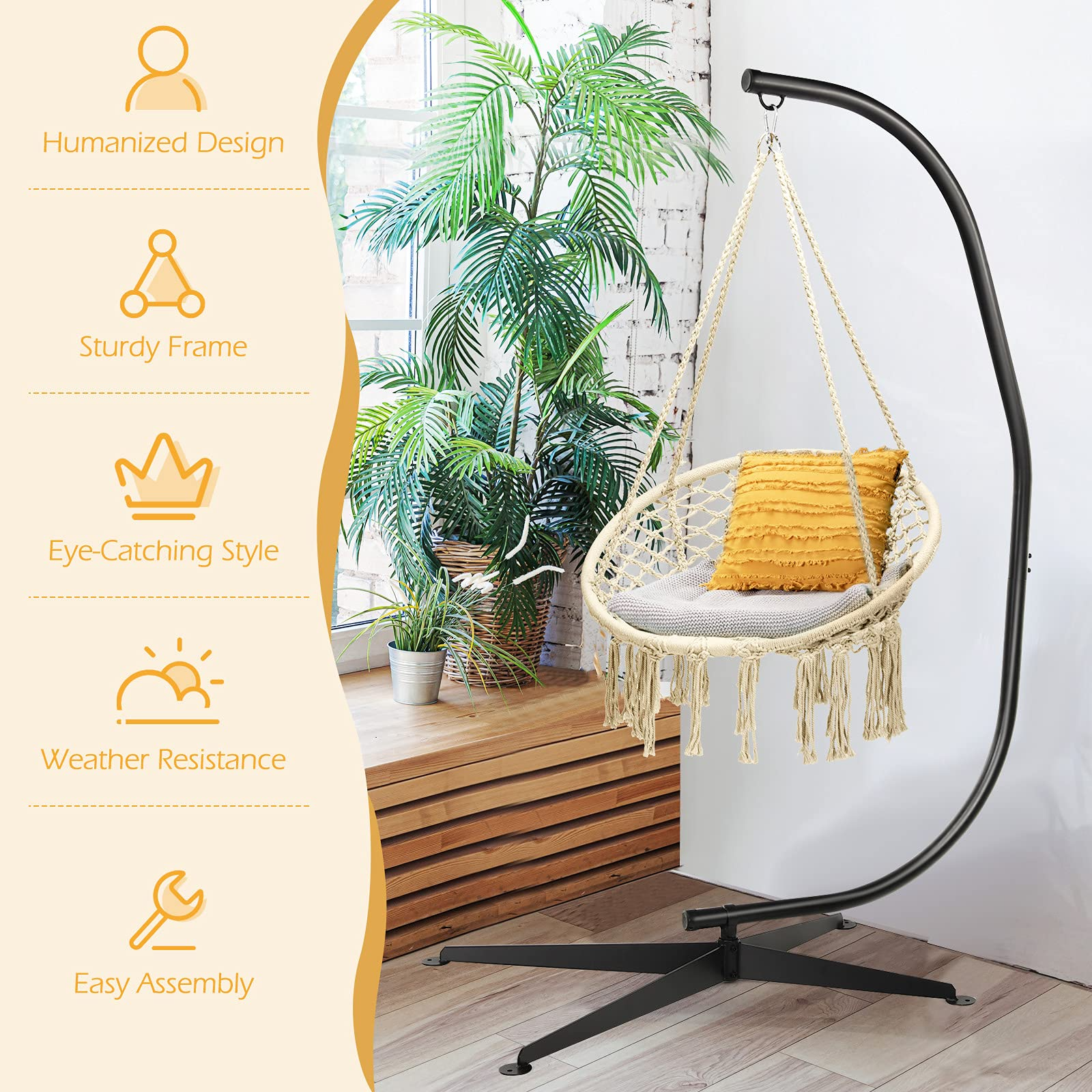 Giantex Hammock Chair with Stand, Solid Steel Heavy Duty C Stand with Macrame Hanging Chair