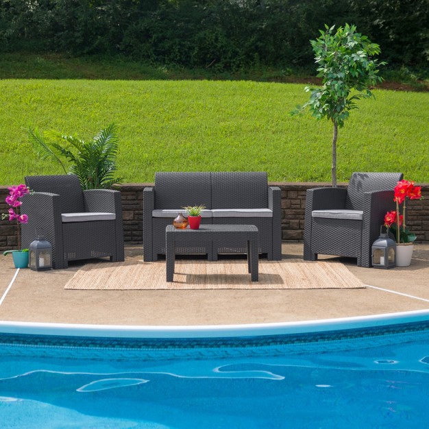 Flash Furniture Faux Rattan Loveseat With All weather Cushions