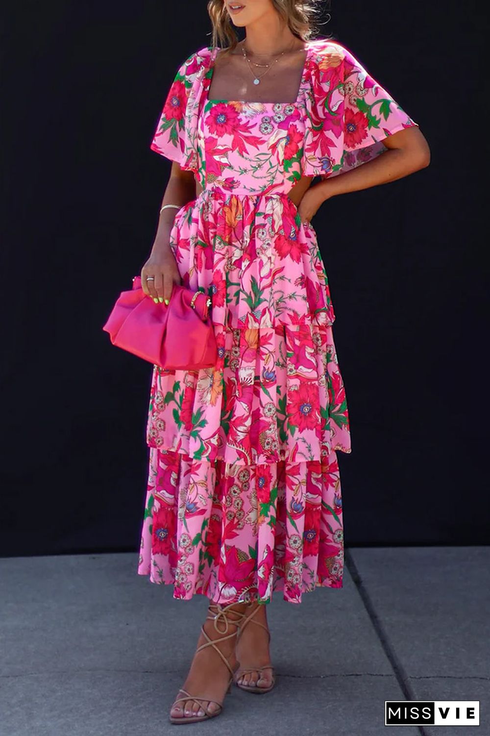 Square Neck Waist Cut Out Floral Dress