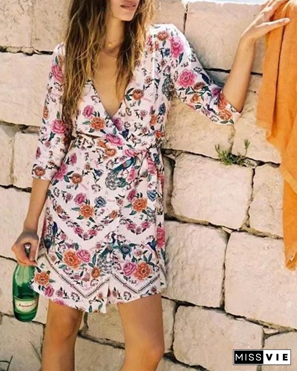 Women Casual Sexy Deep V Neck Bohemian Floral Print Sandbeach Mini Dress