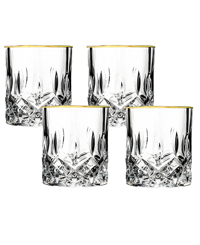 Lorren Home Trends Opera Gold Collection 4 Piece Crystal Double Old Fashion Glass with Gold Rim Set