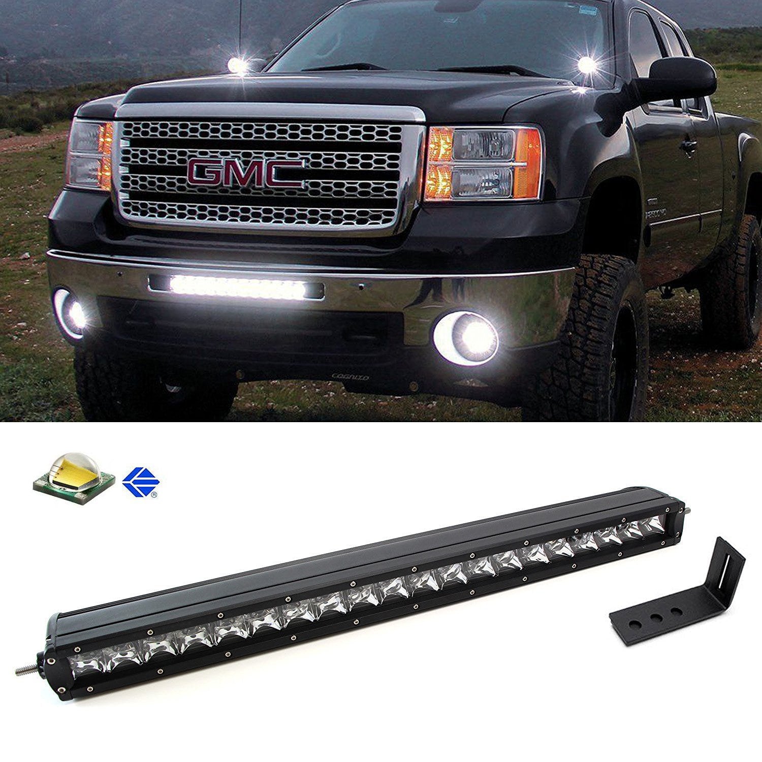 iJDMTOY Lower Grille 20-Inch LED Light Bar Compatible With 09-13 GMC Sierra 1500 and 08-14 2500 3500 HD， Includes (1) 100W CREE LED Lightbar， Lower Bumper Opening Mount Brackets and On/Off Switch Wiring