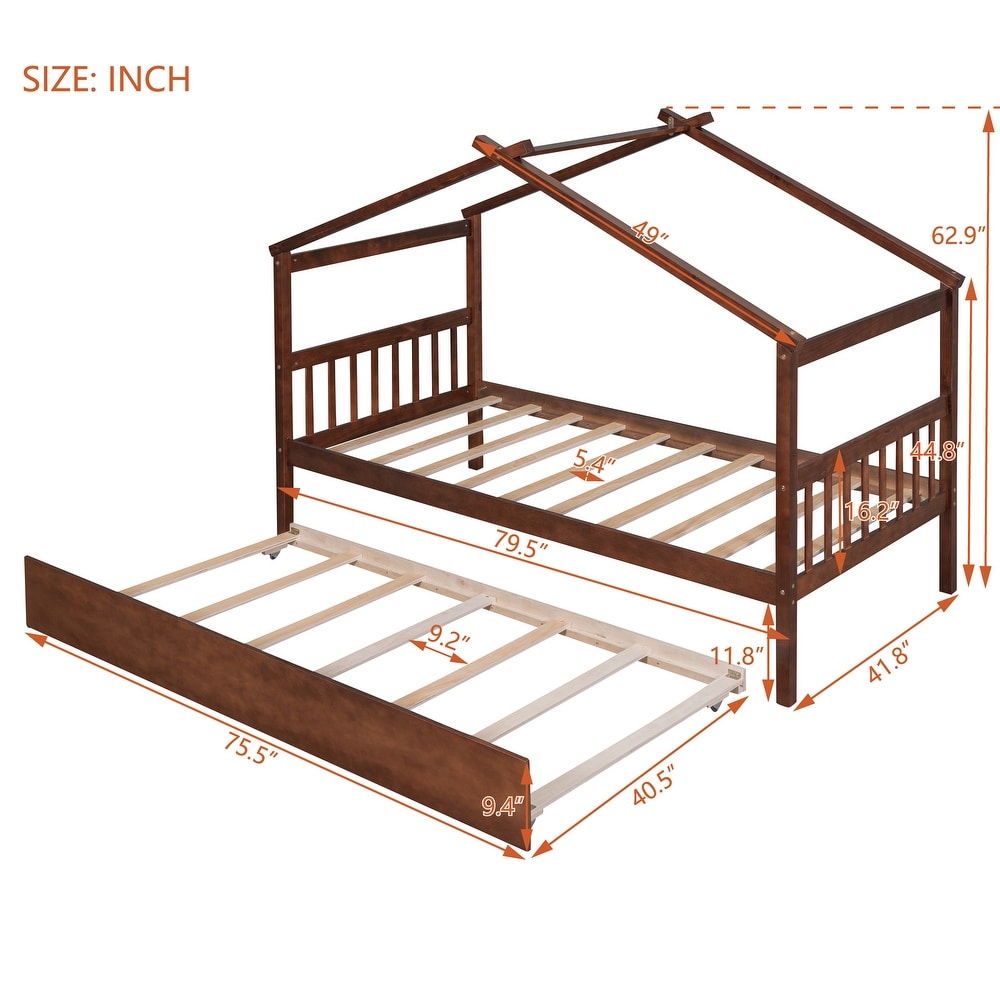 Twin Imaginative House Daybed with Headboard for Kids Girls Boys  Wooden Storage Platform Bedframe w/Trundle   Sky Roof  Walnut