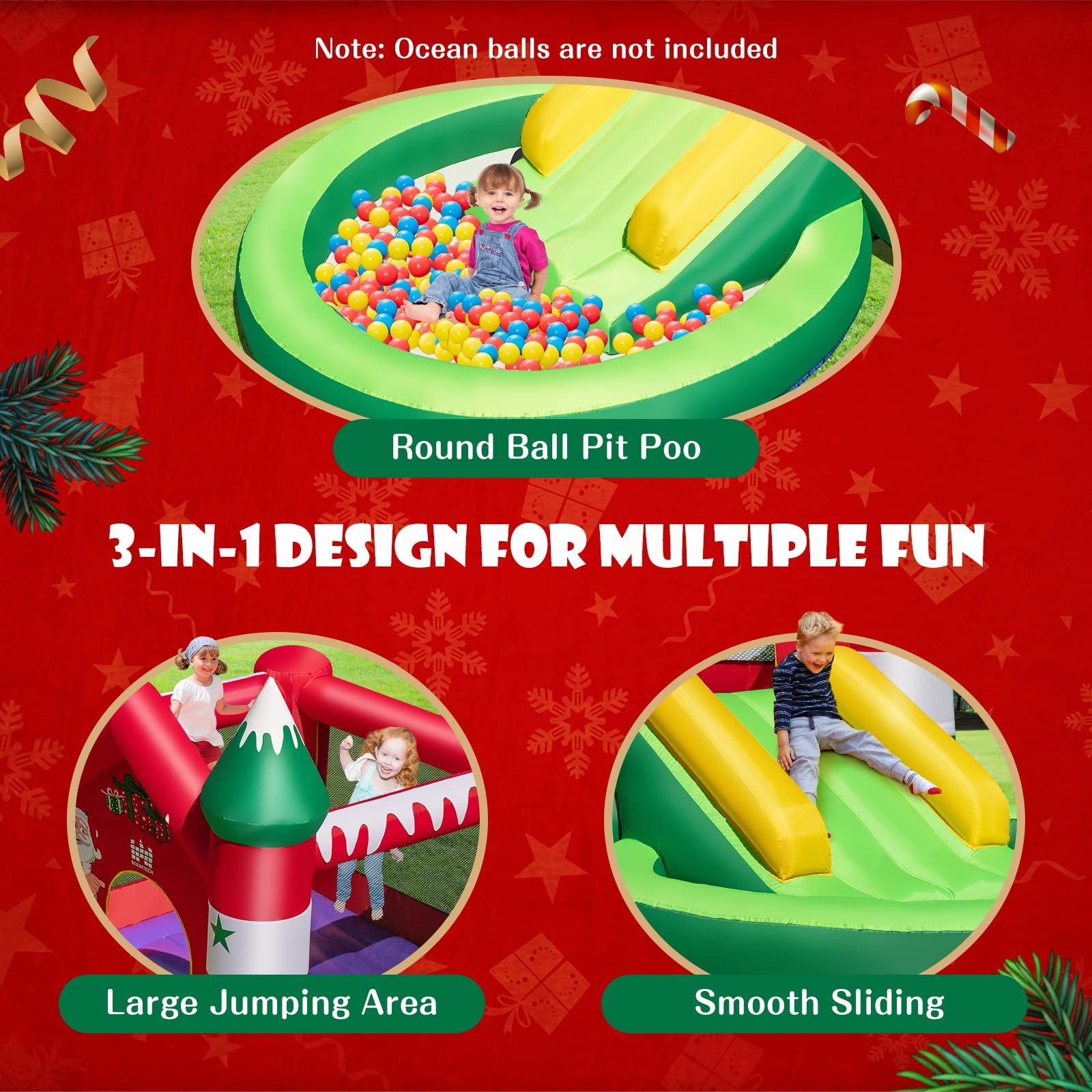 Costzon Inflatable Bounce House, Christmas Bouncy House for Kids Indoor Outdoor Party Family w/Jumping Area, Slide, Ball Pit Pool