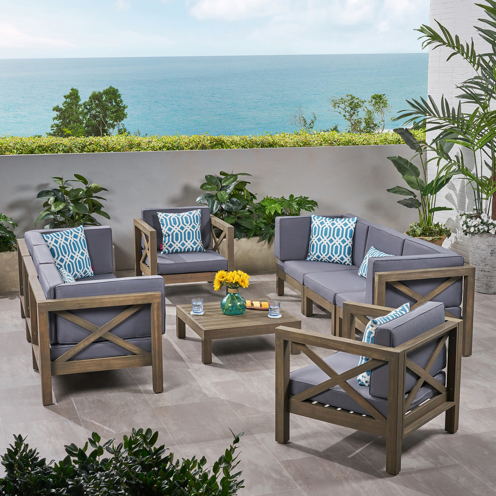 Morgan Outdoor 8 Seater Acacia Wood Sofa and Club Chair Set   Transitional   Outdoor Lounge Sets   by GDFStudio  Houzz