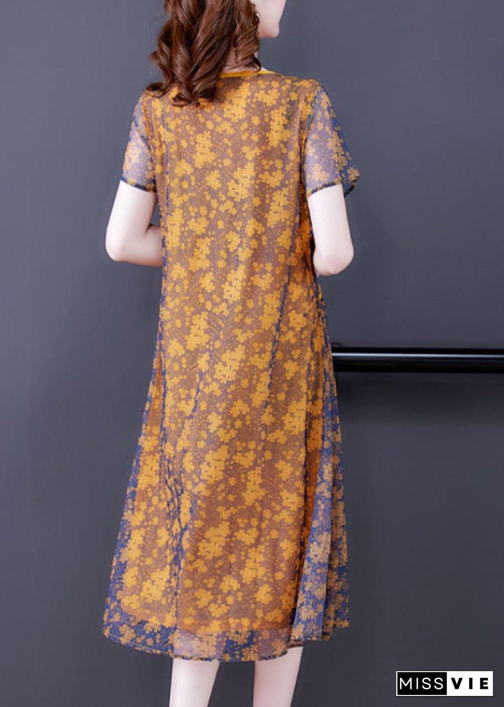 Loose Yellow O-Neck Patchwork Print Tulle Maxi Dresses Short Sleeve