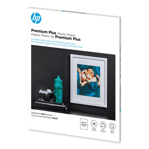 HP Premium Plus Photo Paper， 11.5 mil， 8.5 x 11， Glossy White， 25/Pack (CR670A)