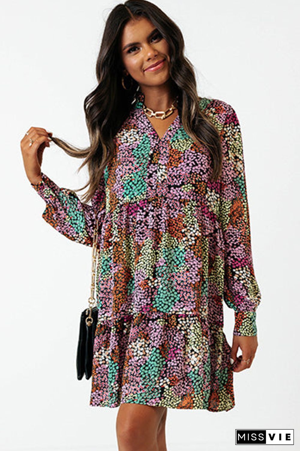 Multicolor Floral Print High Waist V Neck Shirt Dress