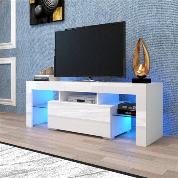 Entertainment TV Stand， TV Cabinet with LED Light， White