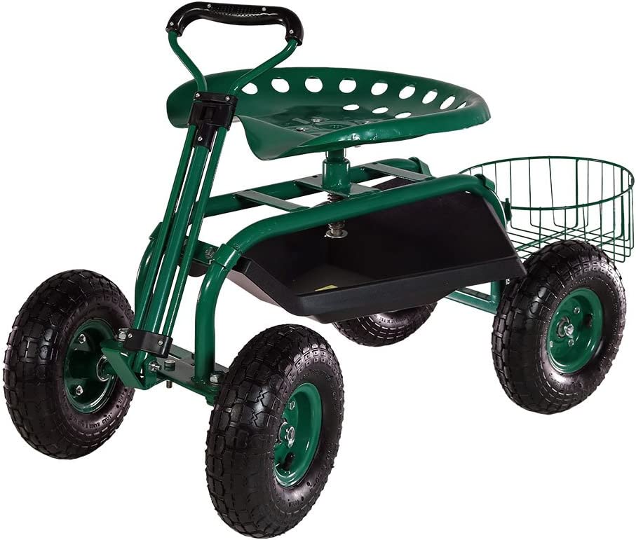 Sunnydaze Garden Cart Rolling Scooter with Extendable Steer Handle， Swivel Seat and Utility Tool Tray， Green