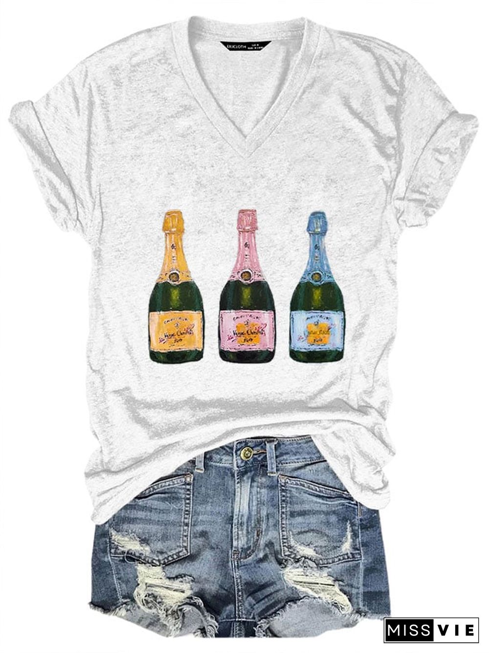 Women's Christmas Champagne Print V-Neck T-Shirt