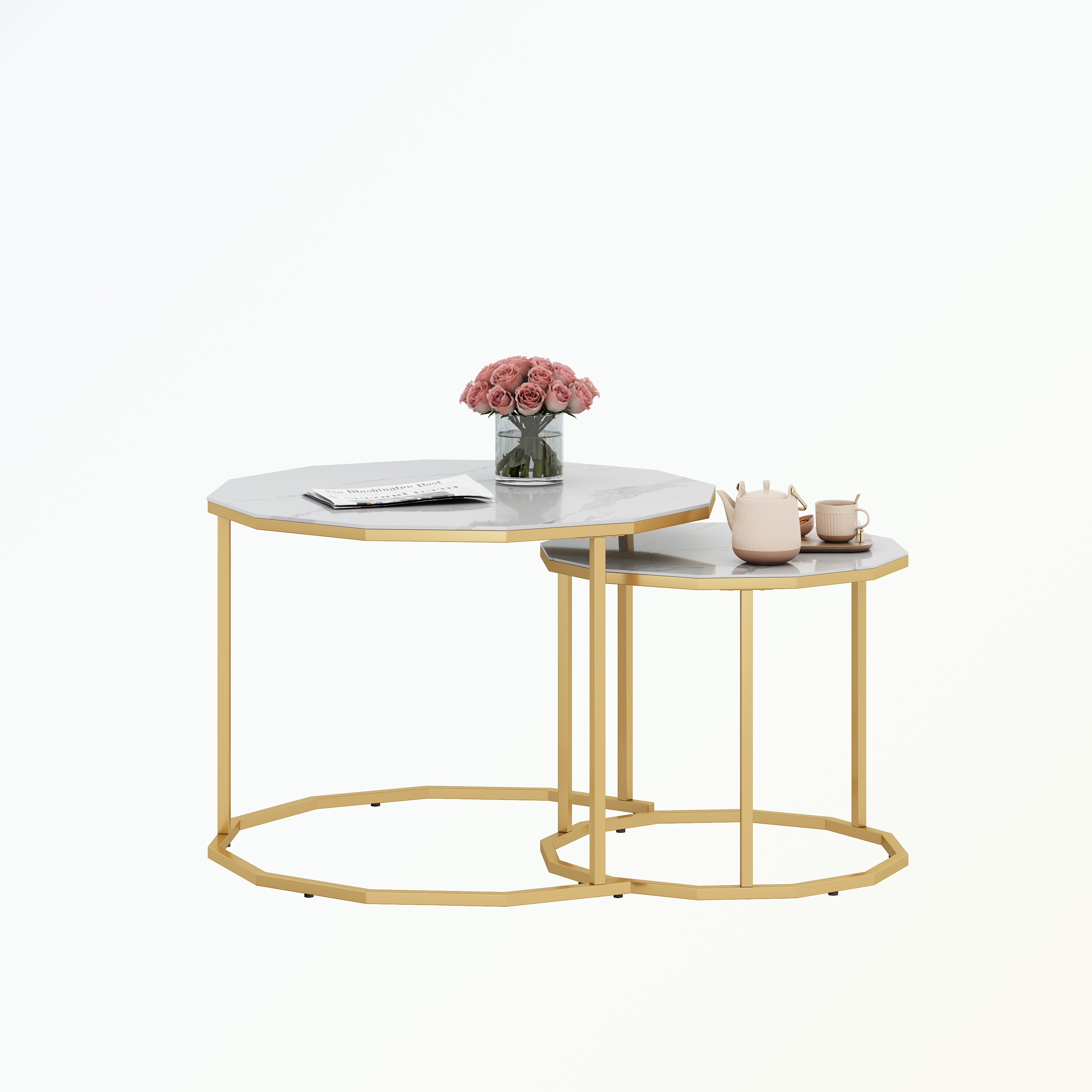 Marble Coffee Table 12-gon Shape，Artificial Marble Top and Metal Legs