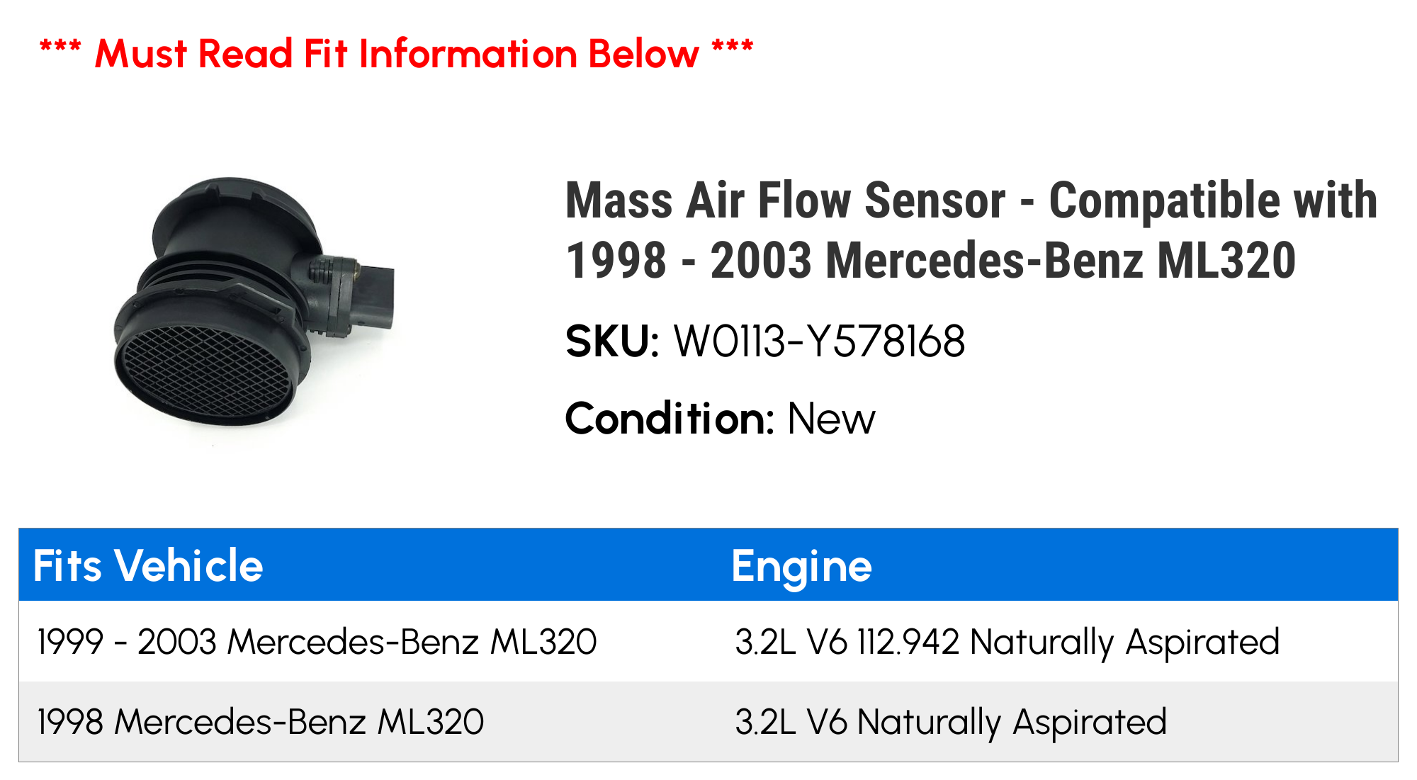 Mass Air Flow Sensor - Compatible with 1998 - 2003 Mercedes-Benz ML320 1999 2000 2001 2002