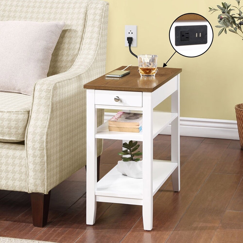 Convenience Concepts American Heritage 1 Drawer Chairside End Table with Charging Station and Shelves