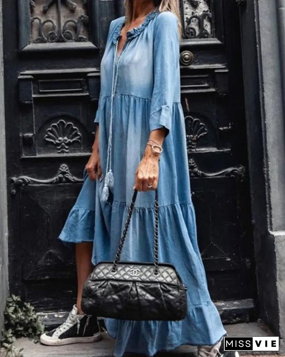 3/4 Sleeve Long Denim Dress