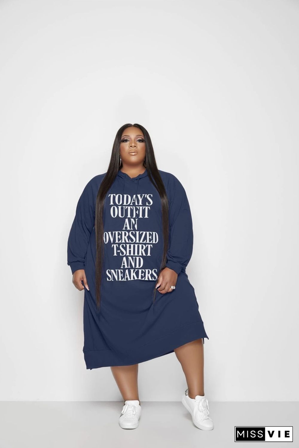 Letter Print Long Sleeve Hooded Loose Plus Size Dress