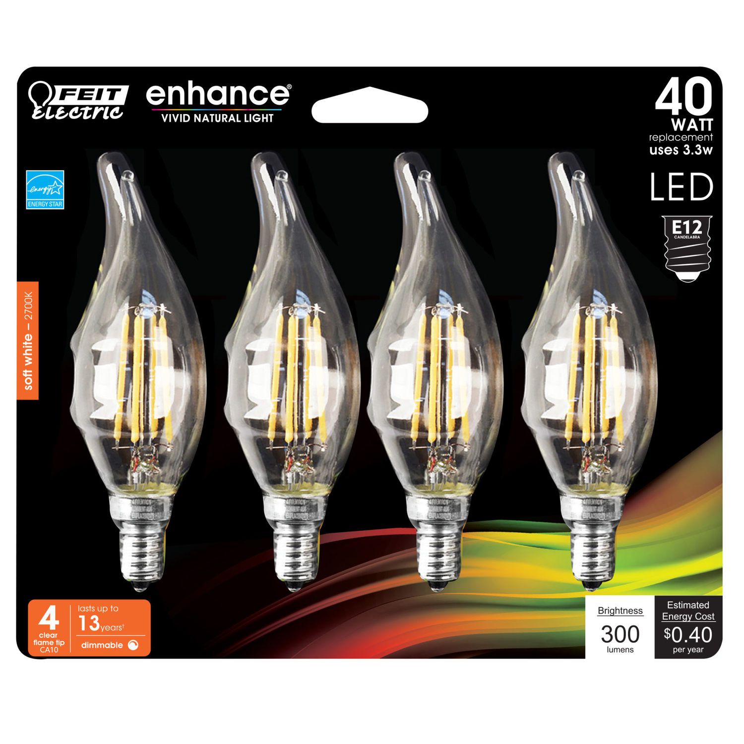 Feit Enhance CA10 (Flame Tip) E12 (Candelabra) Filament LED Bulb Soft White 40 Watt Equivalence 4 pk