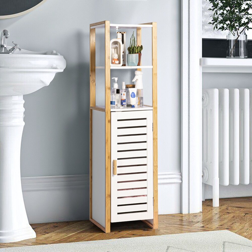 Multifunctional Bathroom Floor Cabinet with Open Storage Shelves