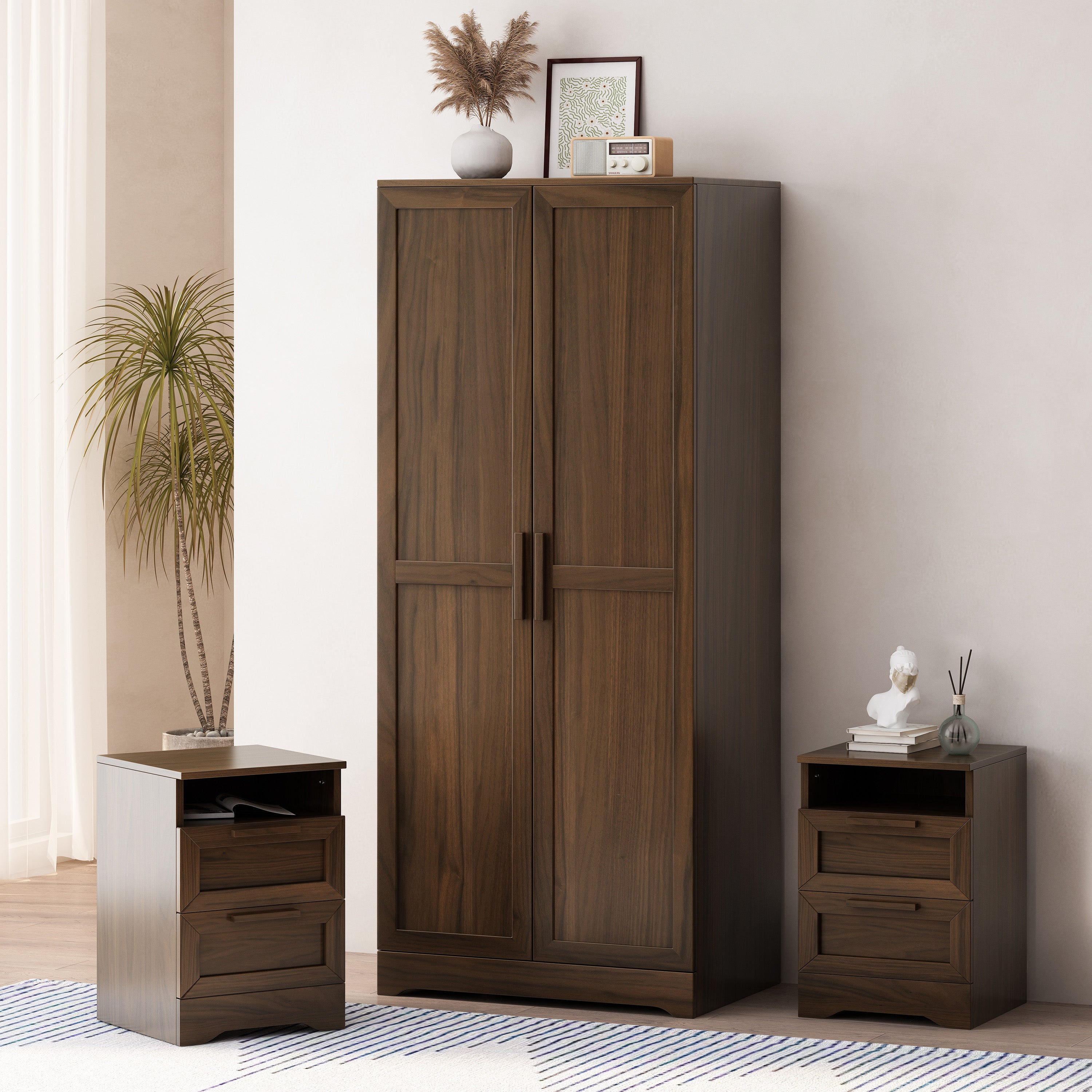 Broxon Rustic 3 Piece Wardrobe and 2 Drawer Nightstand Bedroom Set