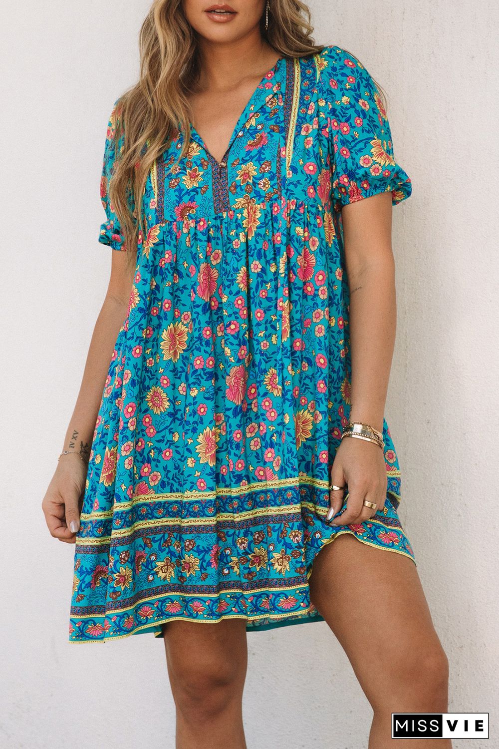 Blue Floral Print Empire Waist Flowy Dress