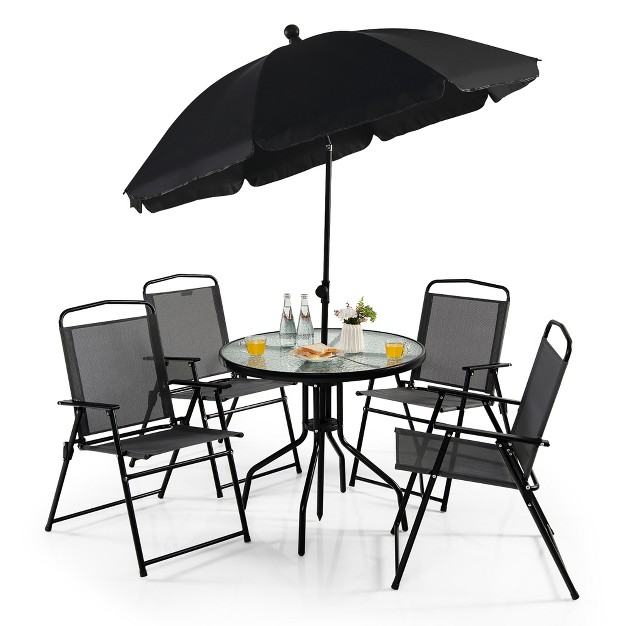 Costway 6 Pcs Patio Dining Set Folding Chairs Glass Table Tilt Umbrella Garden