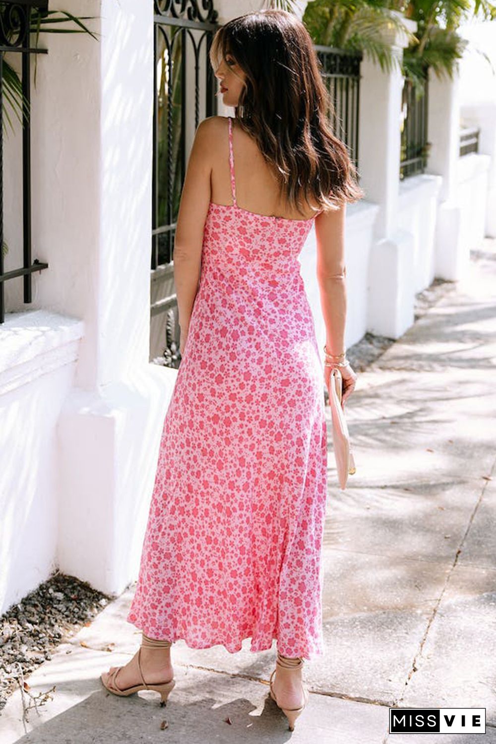 Pink Flower Print Front Cut out Maxi Dress