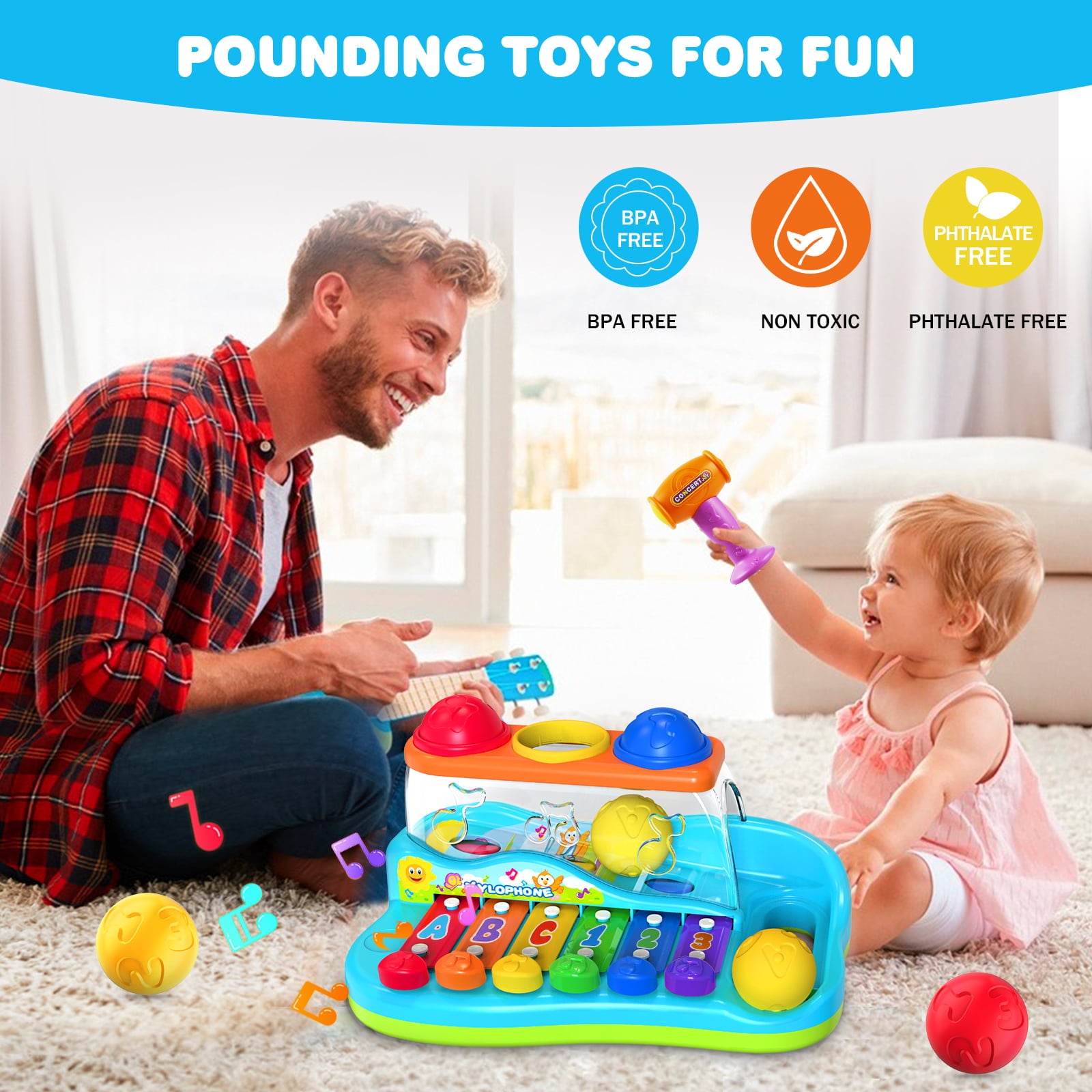 Yerloa Baby Toys 12-18 Months 2 in 1 Hammer Pounding and Musical Xylophone Toys Toys for 1 Year Old Boy Gifts， Music Toddler Toys Age 1-2 Baby Boy Girl Toys