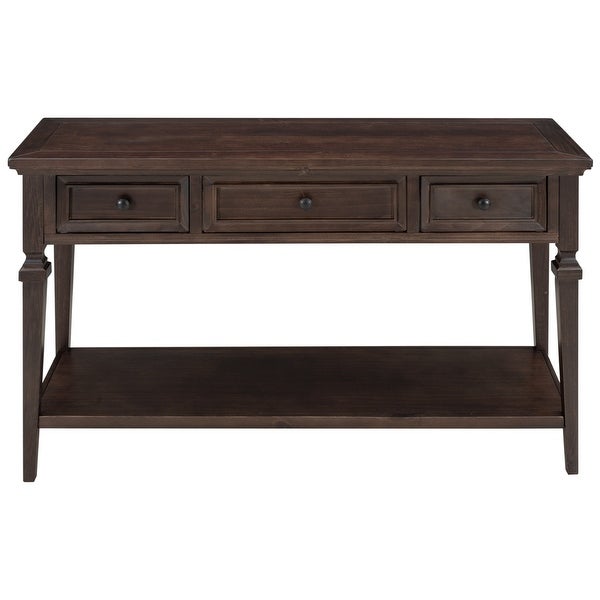 Classic Retro Style Console Table with Three Top Drawers and Open Style Bottom Shelf， Easy Assembly