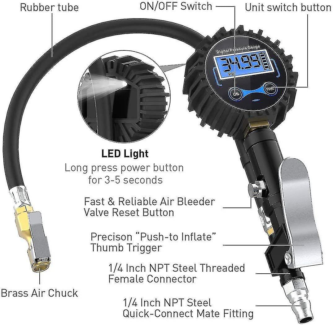 Digital Tire Gauge 250 Psi， Highly Digital Tire Pressure Gauge With Inflation Gun