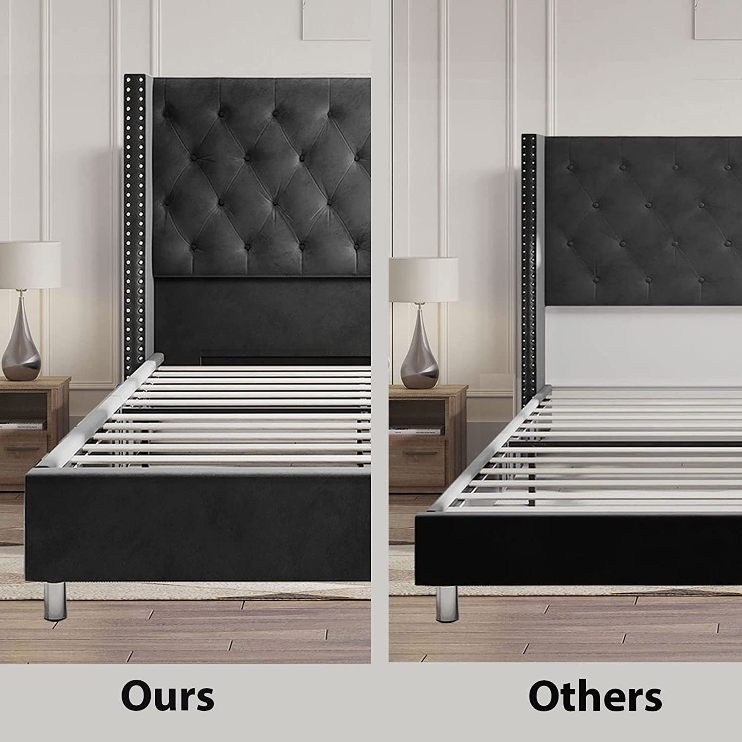 Jocisland King Bed Frame Low Profile Platform Bed Upholstered Bed Frame Velvet Tufted Bed Raised Wingback Headboard/Wood Slats Support/No Box Spring Needed/Easy Assembly/Dark Gray