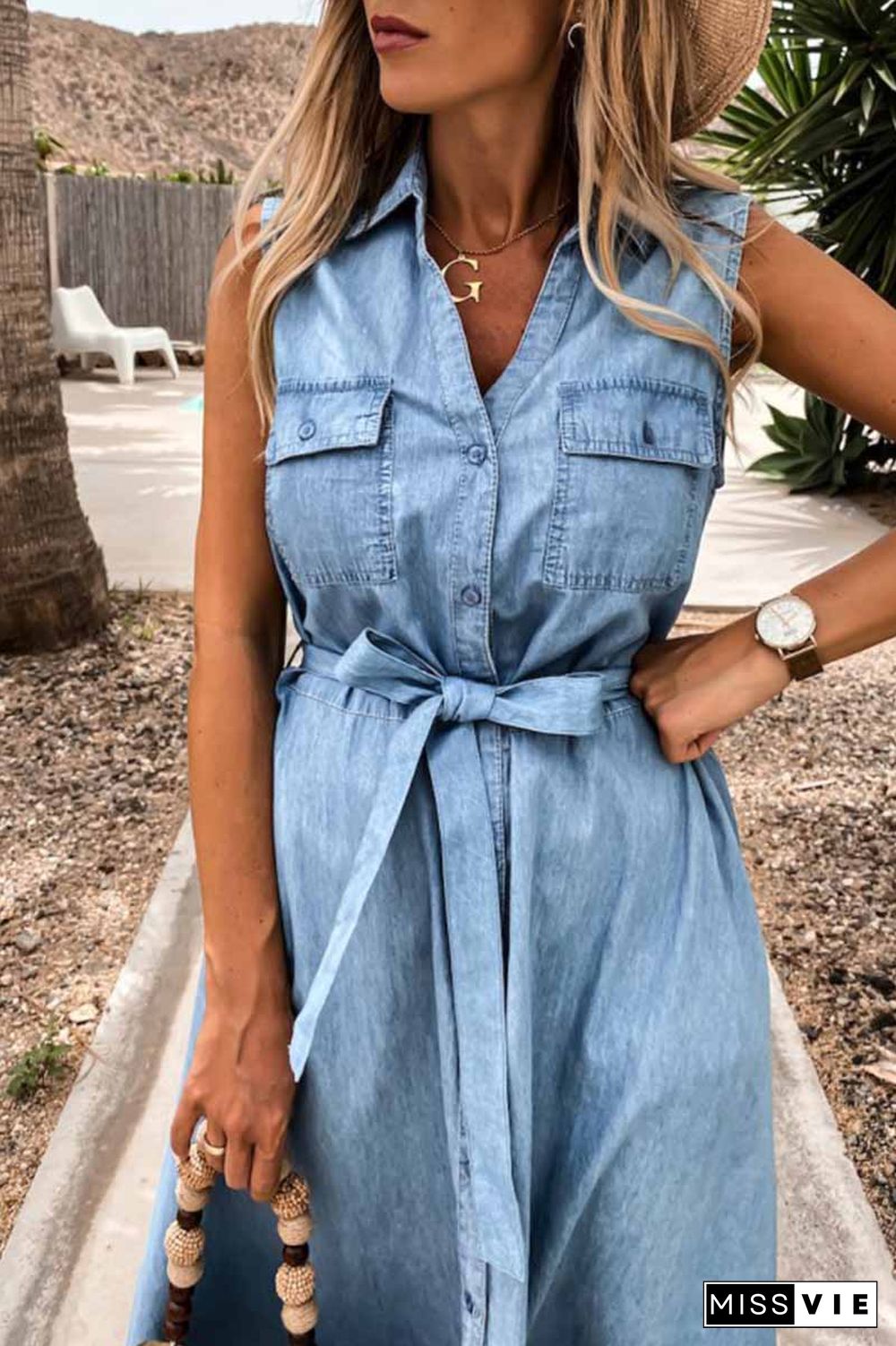 Sleeveless Lace-Up Single-Breasted Denim Midi Dress