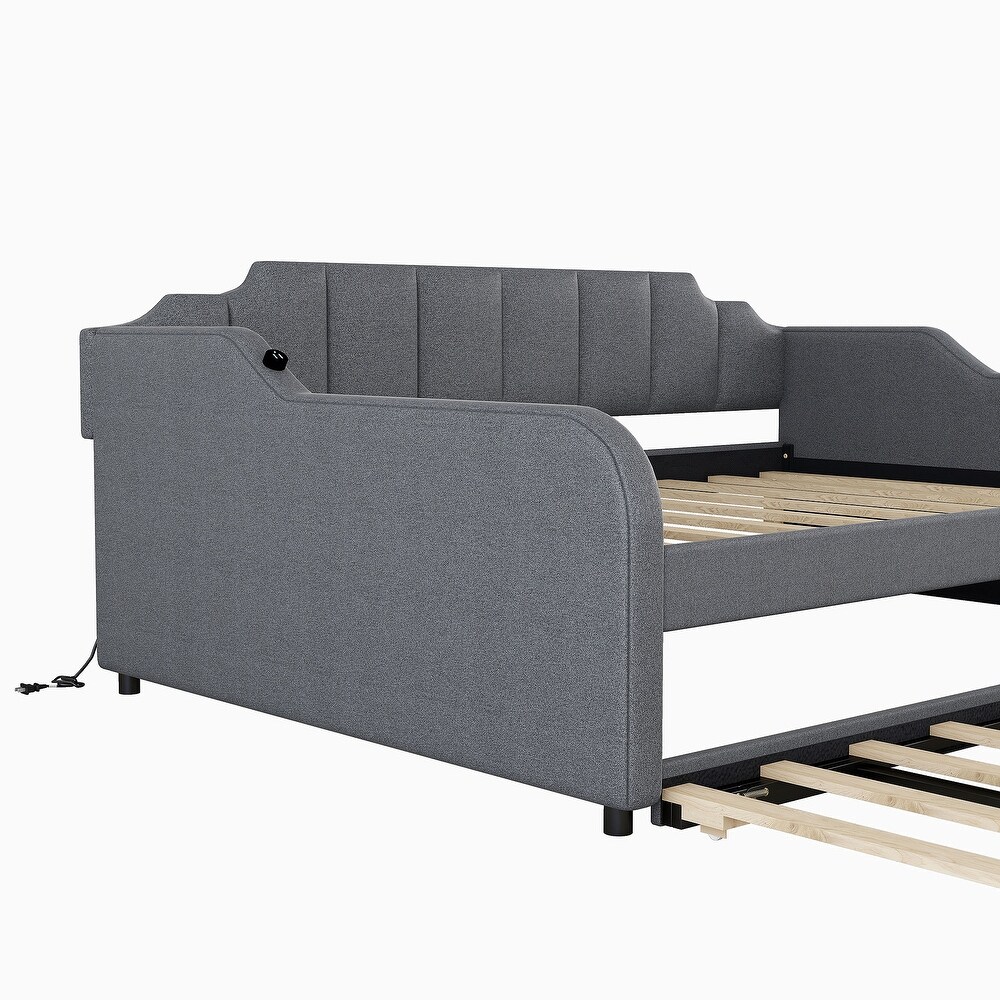 Full Size Grey Upholstered Daybed with Adjustable Trundle and USB Port