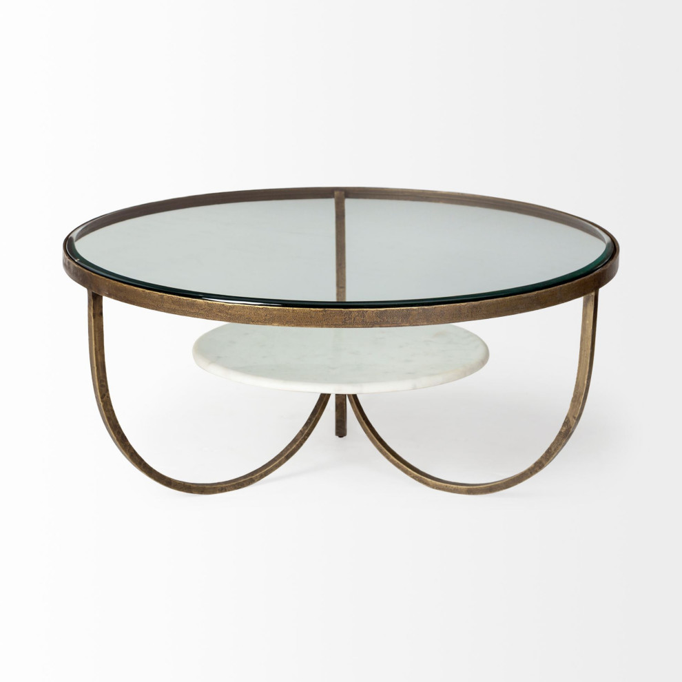 HomeRoots 36 quotRound Glass Top Marble Shelf Gold Base Coffee Table   Transitional   Coffee Tables   by UStradeENT LLC  Houzz