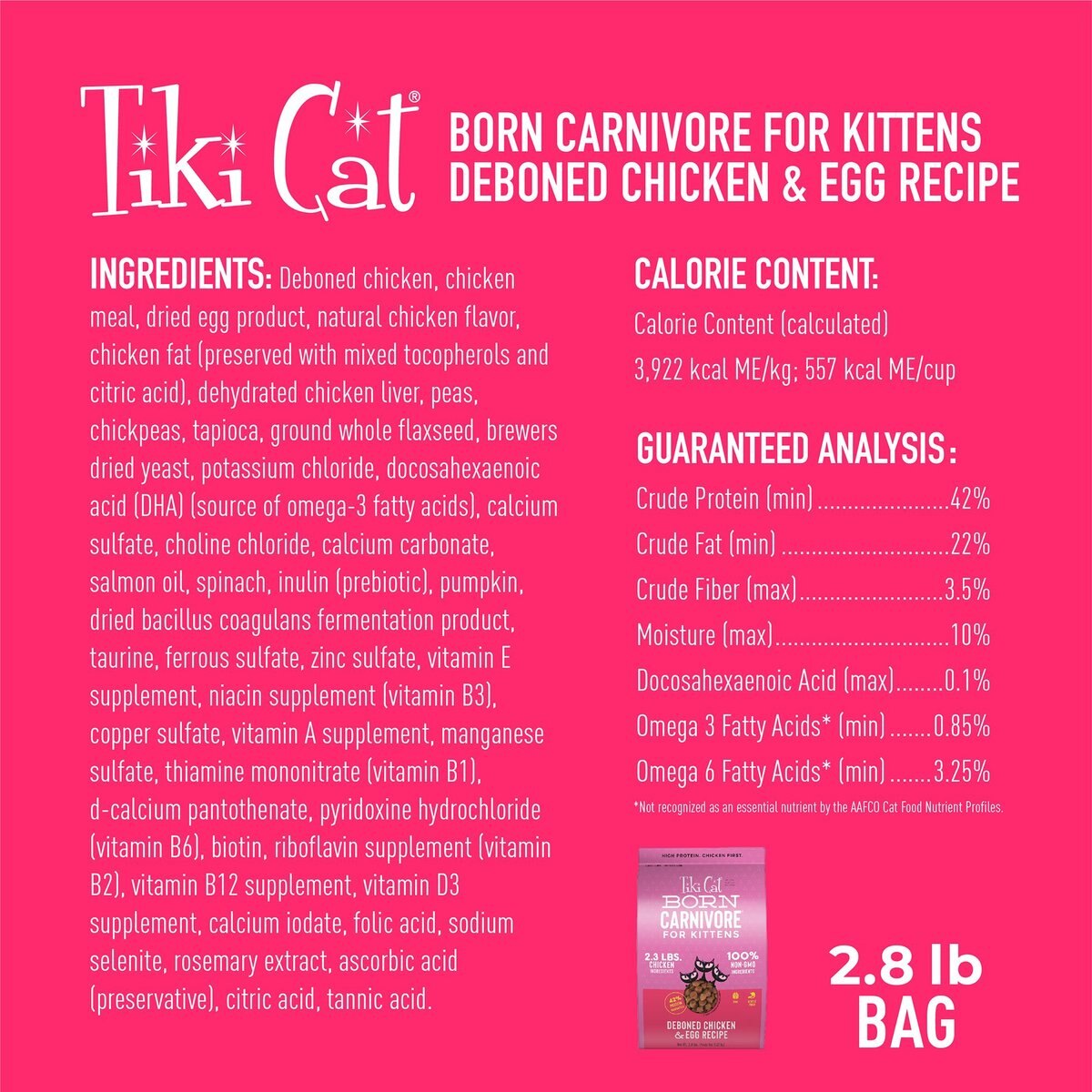 Tiki Cat Born Carnivore Deboned Chicken and Egg Recipe Dry Kitten Food， 2.8-lb bag