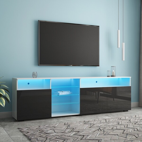 TV Stand High Gloss Doors Modern TV Stand LED for Living Room， White Black