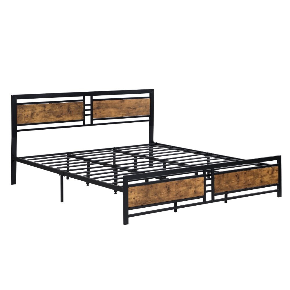 Metal Platform Bed Frame with Wood Headboard and Footboard