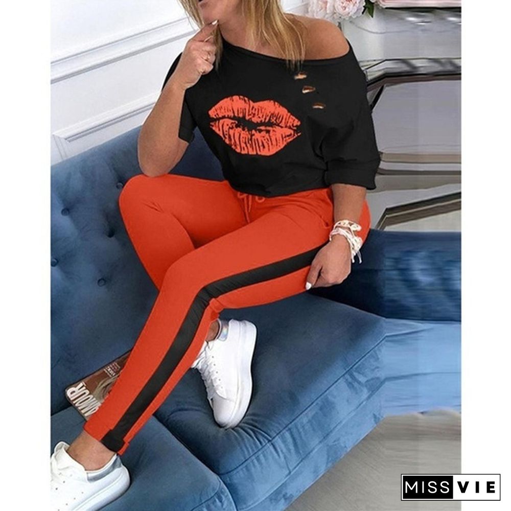 Women Lip Print Top & Colorblock Striped Pant Sets Casual Short Sleeve Loose Off Shoulder Tops+ Leggings Women's Fashion Sport Suit Tracksuit Sportwear Two Piece Sets Outfit Playsuit