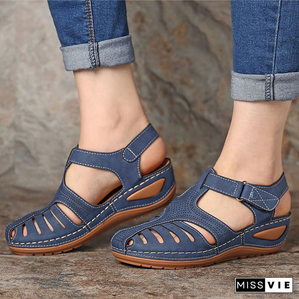 Woman Summer Vintage Wedge Sandals Buckle Casual Sewing Women Shoes Female Platform Retro Premium Orthopedic Sandalias Ladies 44