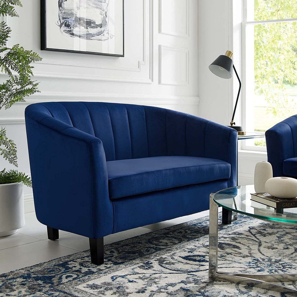 Contemporary Loveseat  Padded Fabric Seat  ampCurved Channel Tufted Backrest  Navy   Contemporary   Loveseats   by Decor Love  Houzz