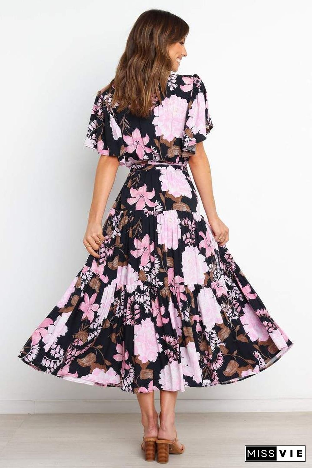 Floral V Neck Short Sleeve Maxi Dress