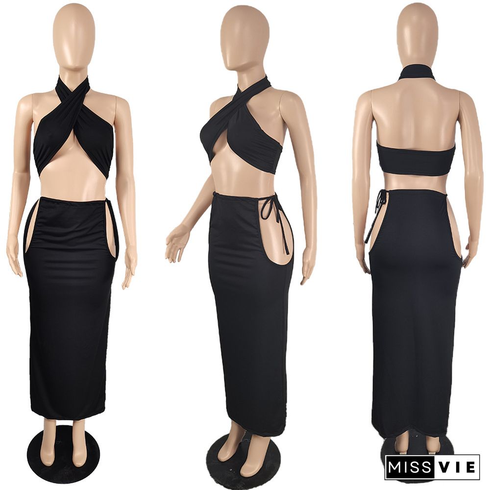 Women Summer Sexy Solid Color Halter Backless Crop Tops Cut Out Long Skirts Bodycon Two Pieces Set