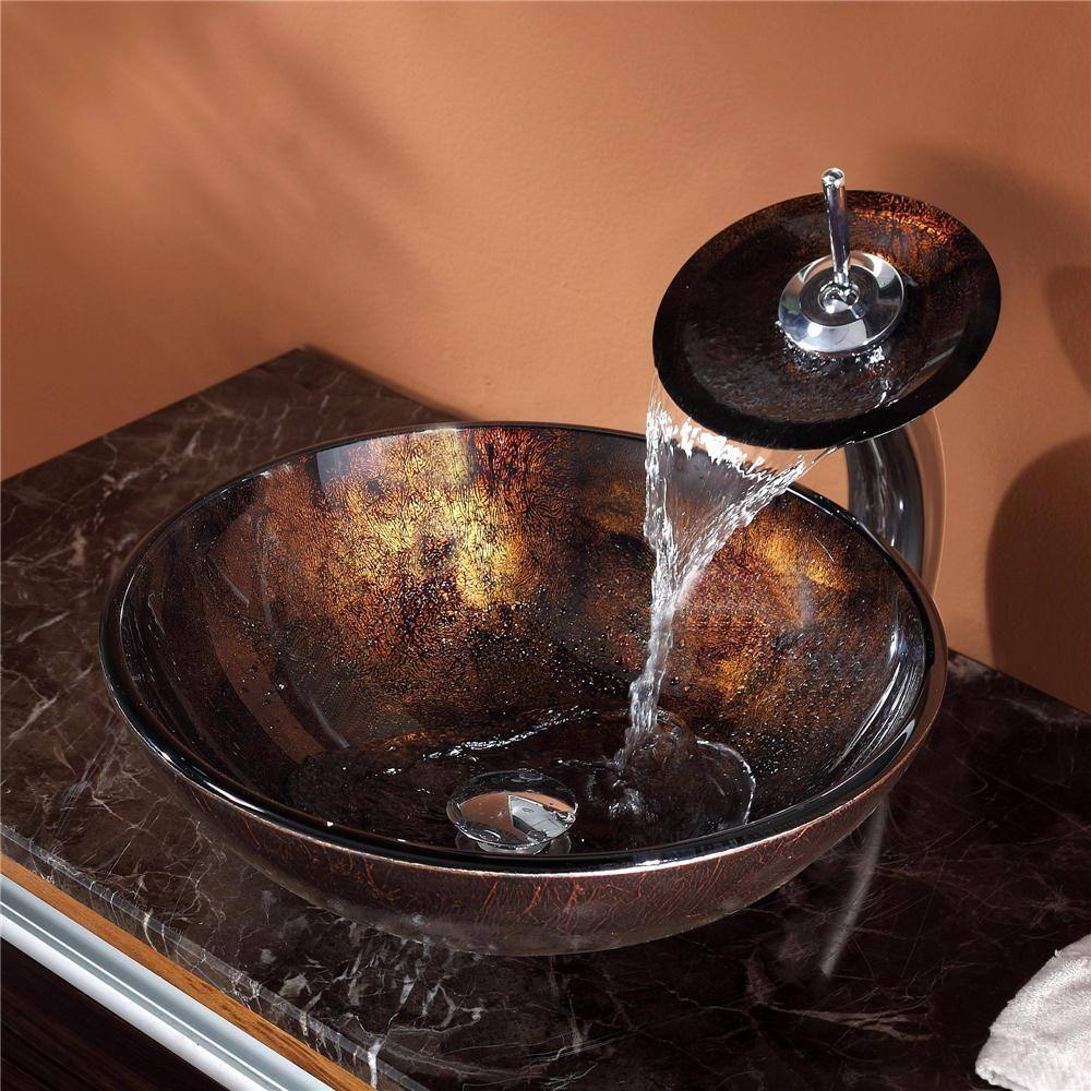 KRAUS Pluto Glass Vessel Sink in Brown with Waterfall Faucet in Chrome C-GV-684-12mm-10CH