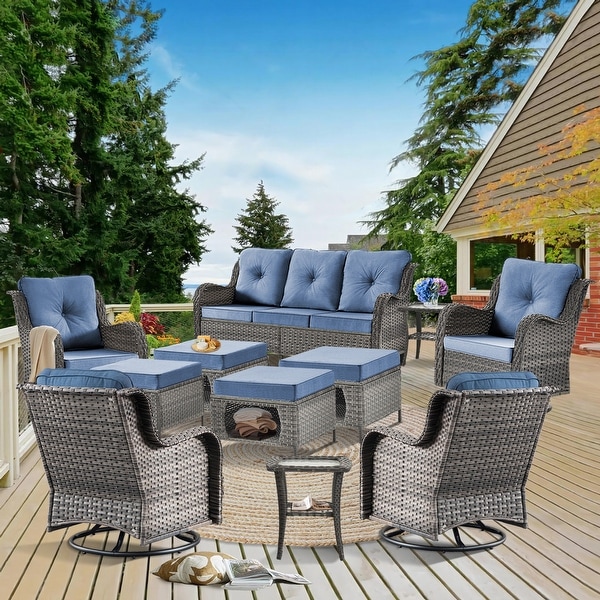 Rattan Wicker Patio Furniture Conversation Seating with 360° High Back Swivel Chairs+Storage Ottomans，Bule Cushions Included🎁