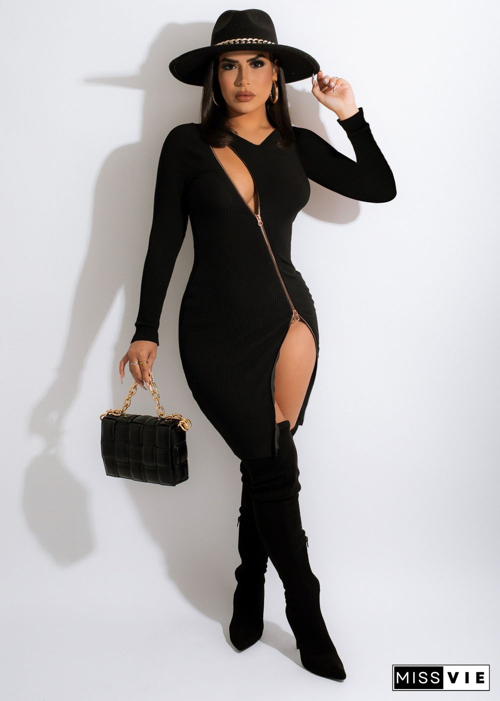 Long Sleeve Zipper Fly Front Slit Bodycon Midi Dress