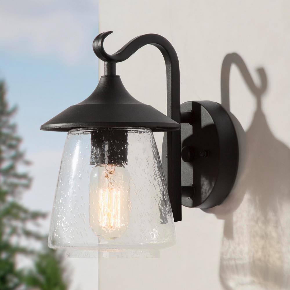 LNC Modern Frosted Black Porch Outdoor Wall Sconce 1-Light Classic Exterior Lantern with Mushroom Clear Seeded Glass Shade VAFNYAHD13356V6